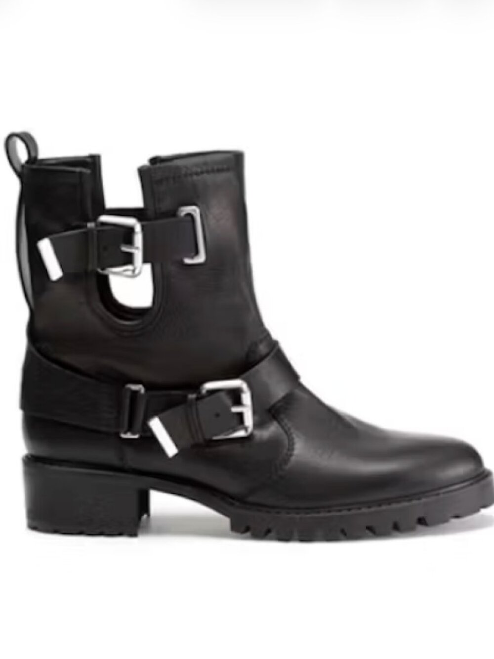 Zara Cut Out Black Authentic Leather Buckle Moto Boots Black